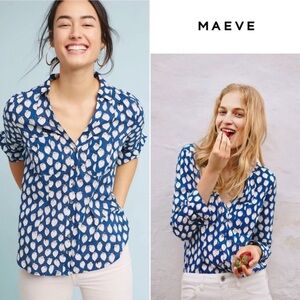 Maeve by Anthropologie Strawberry Button-Down Top Blue, white & Red Size 6